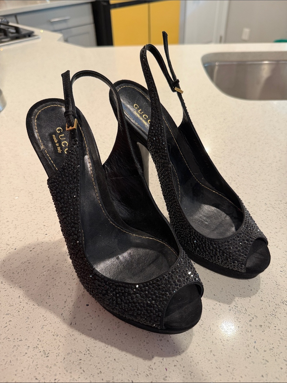 Gucci Black Crystal Embellished Slingback Peep-Toe Heels